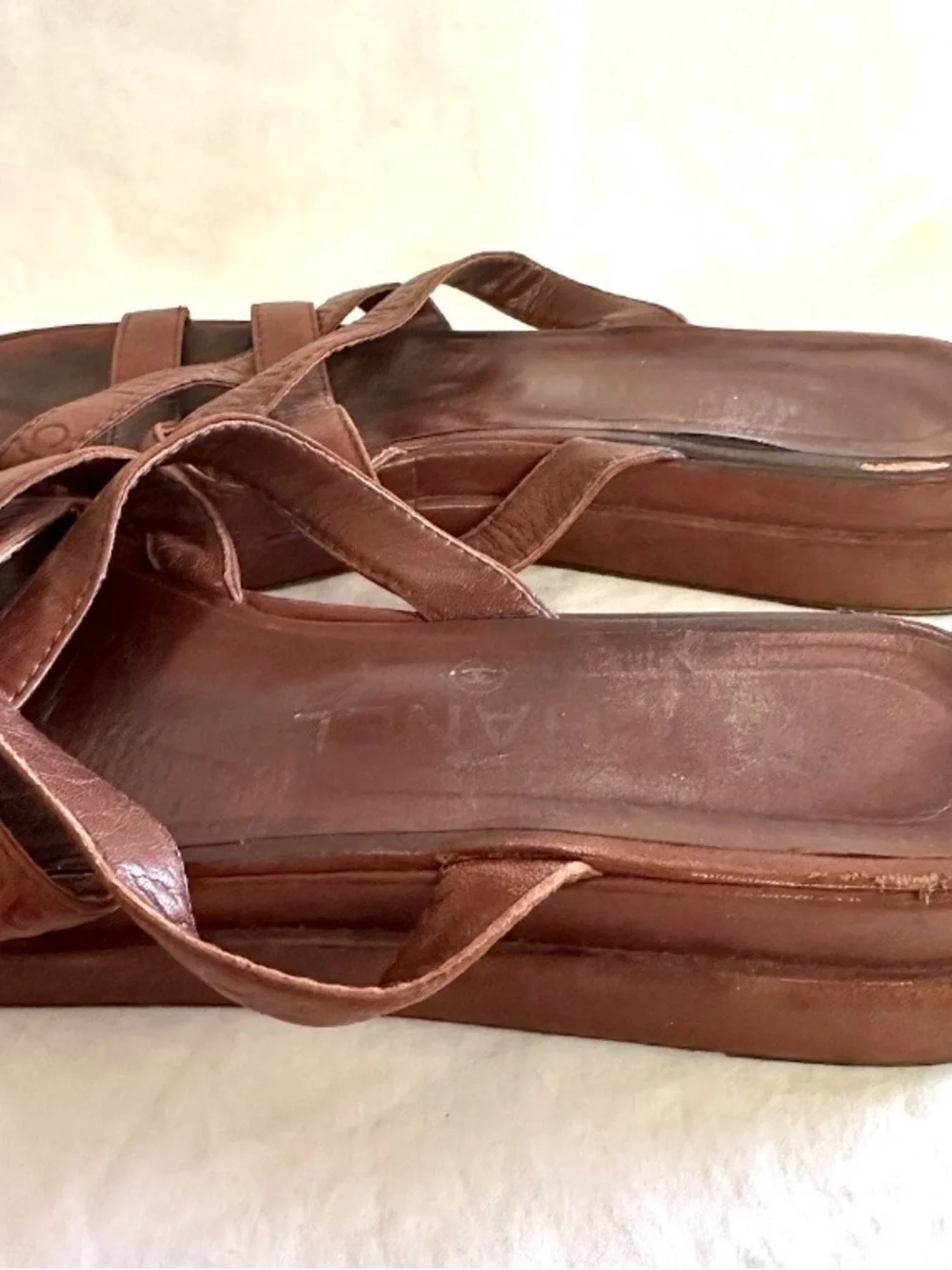 VINTAGE 1990s CHANEL DEBOSSED LOGO PLATFORM SANDALS CROSSOVER STRAPS BROWN 38